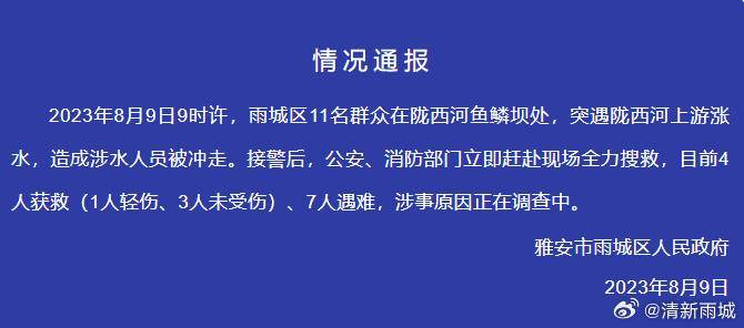 四川雅安河道涨水致7人遇难 当地文旅局：事发地不是旅游景点