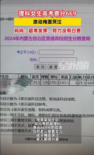 女生查到高考669分激动掩面哭泣：成绩单曝光 英语考了143分