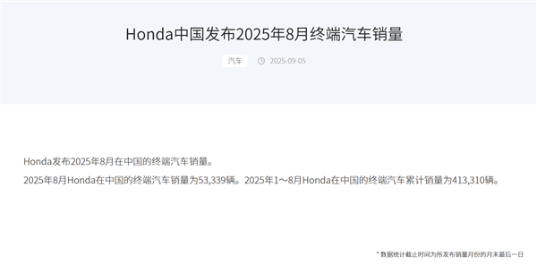 销量仅剩比亚迪1/7！本田中国8月销量53339辆 同比下滑6.36%插图