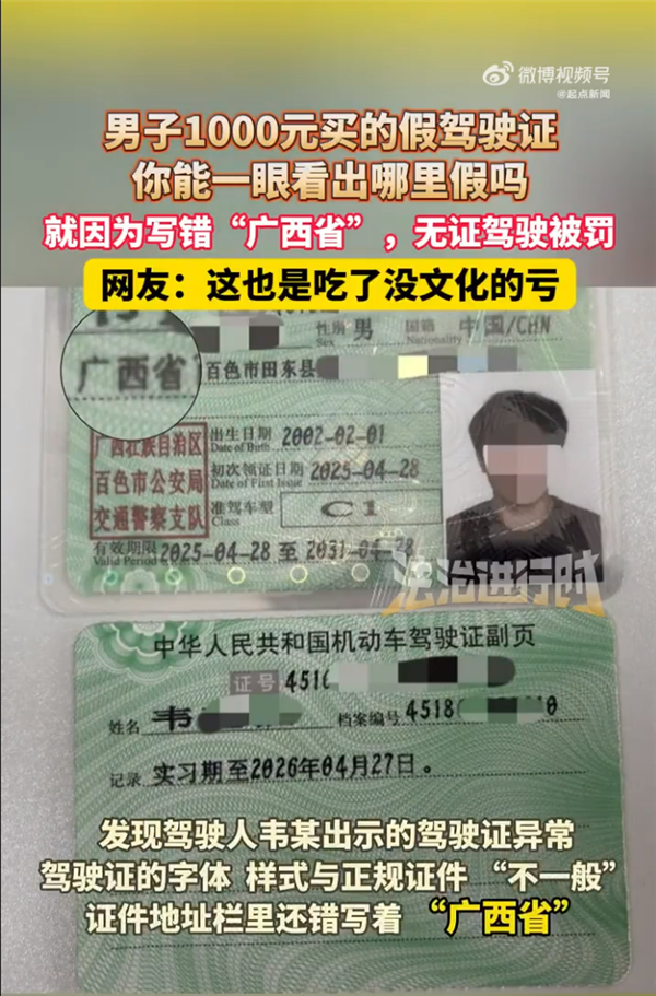 男子1000元买假驾照因“广西省”被查 网友：吃了没文化的亏插图