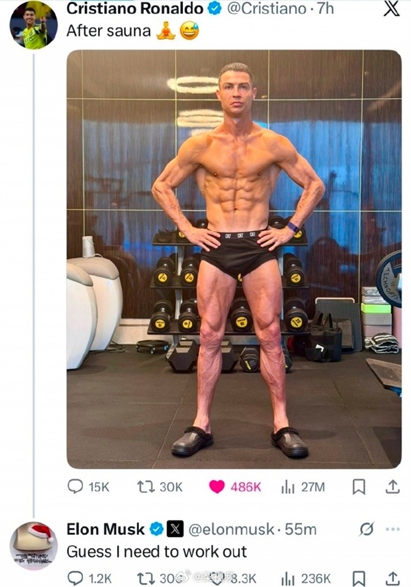 C罗身材照走红全网 马斯克被“卷”到回复点评插图