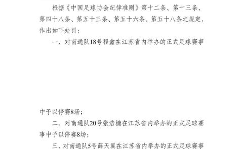 江苏足协发布关于对南通队及有关人员违规违纪的处罚决定