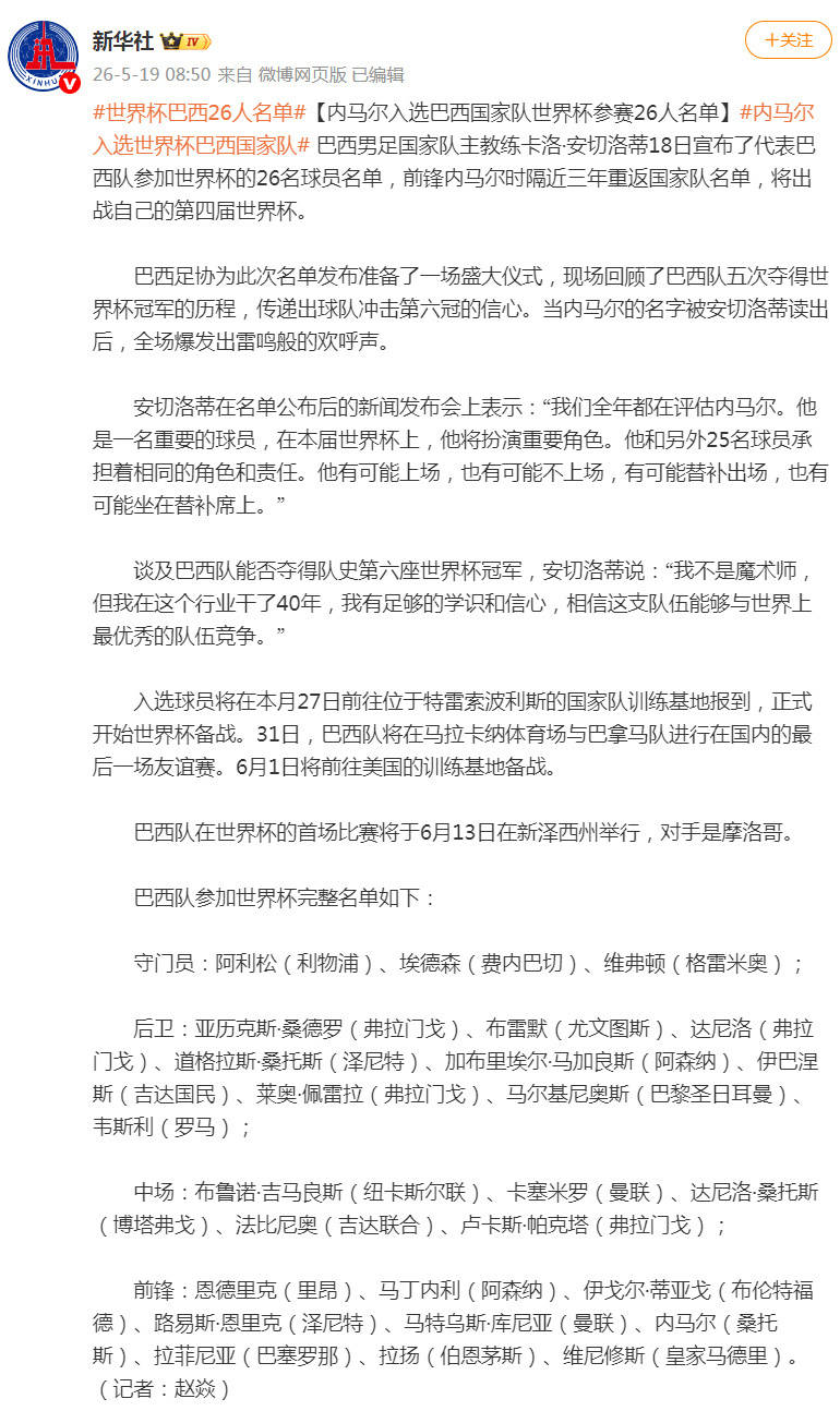 内马尔入选巴西国家队世界杯参赛26人名单插图