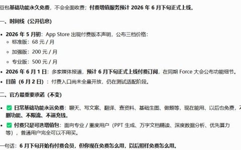 豆包6月下旬正式上线付费内容，基础功能仍然永久免费