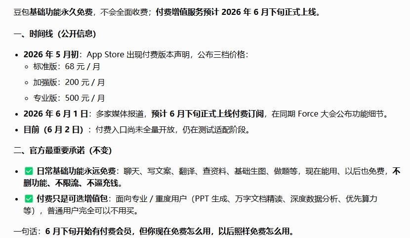 豆包6月下旬正式上线付费内容，基础功能仍然永久免费插图