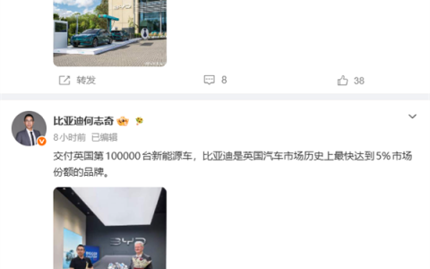 比亚迪在英国交付第10万台新能源车 成增速最快汽车品牌