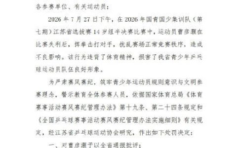 14岁乒乓球运动员失利后打人被禁赛