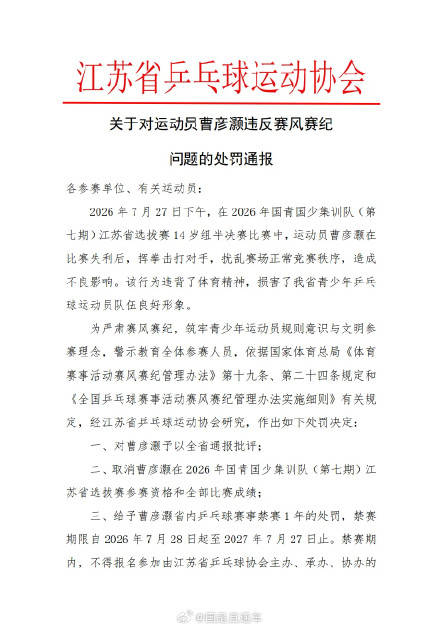 14岁乒乓球运动员失利后打人被禁赛插图