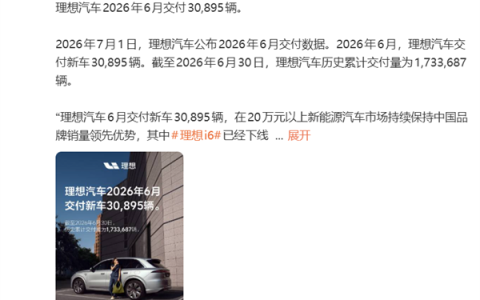 理想汽车6月交付30895辆汽车