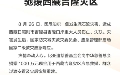 比亚迪捐赠1000万元驰援西藏吉隆灾区 与灾区人民共渡难关